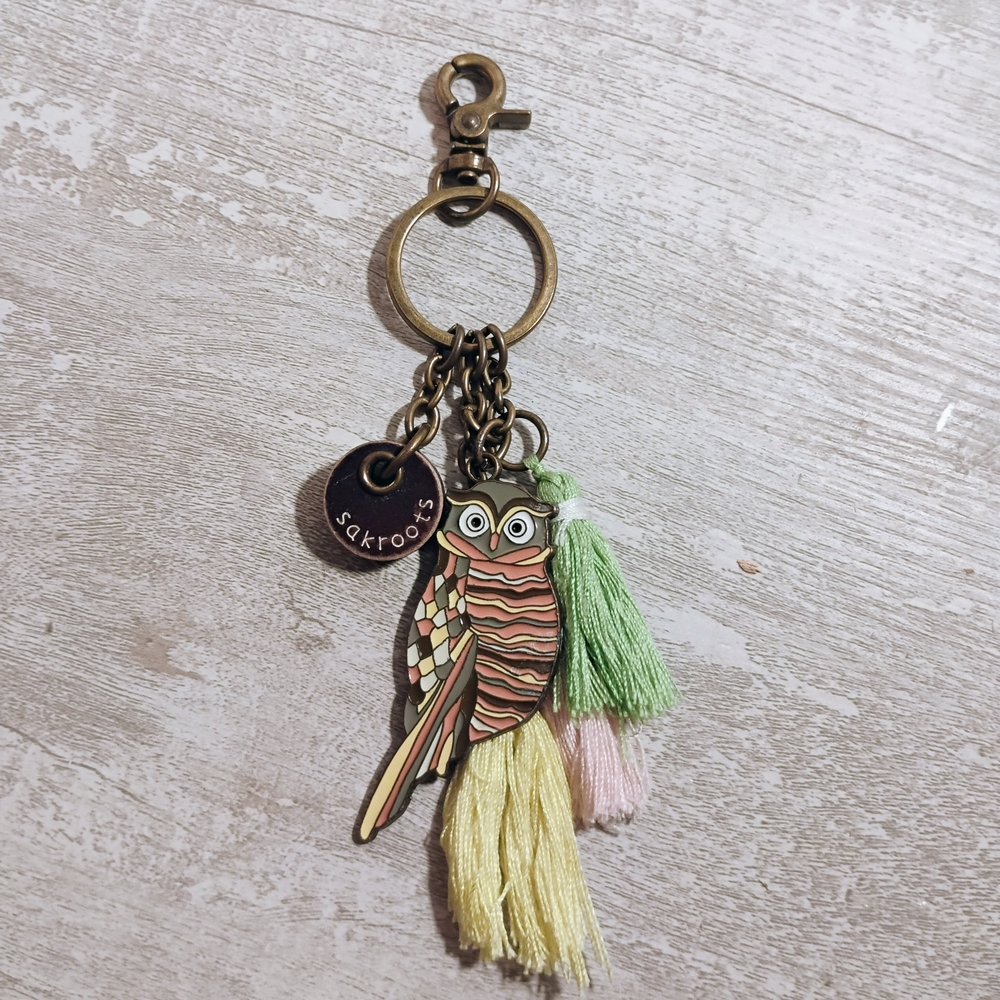 Sakroots Multicolor Owl Keychain with Tassels